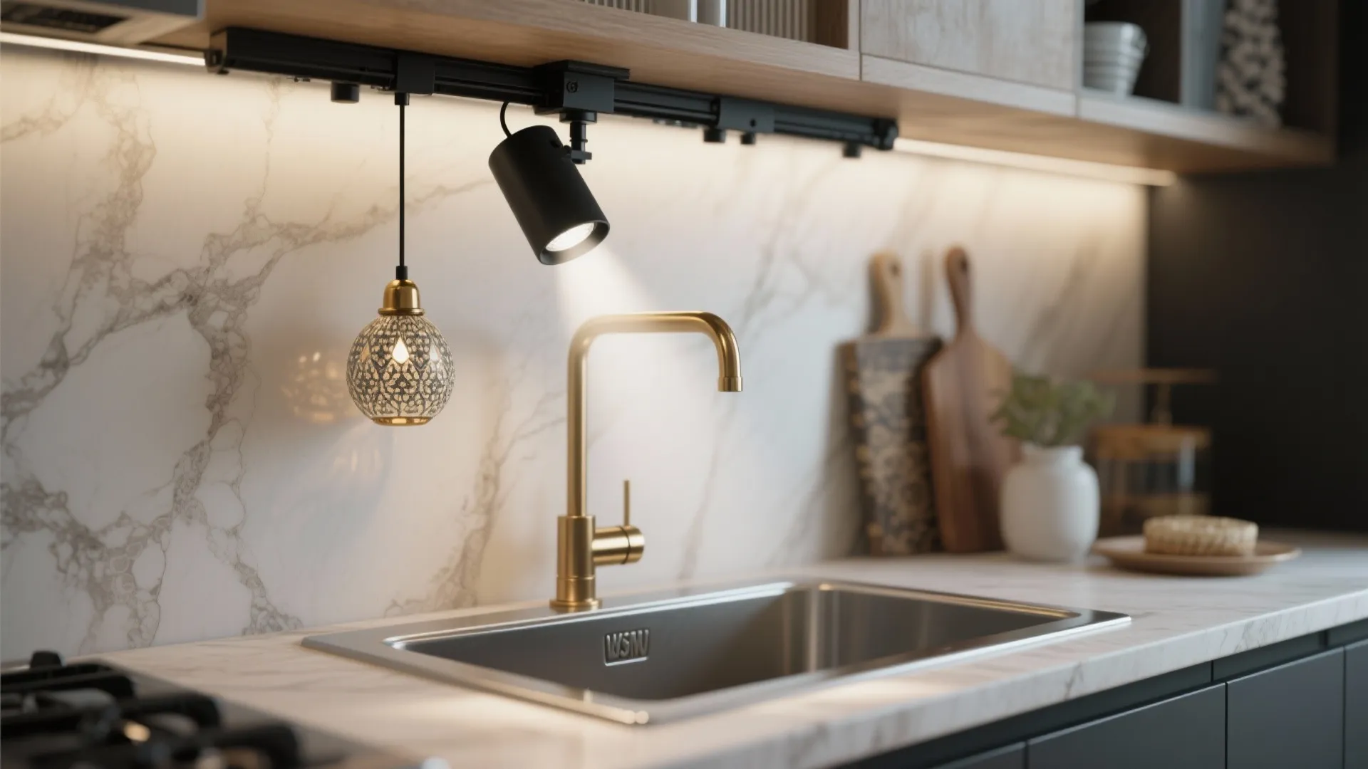 Kitchen sink with gold tap marble wall and track lighting with hanging light and spotlight