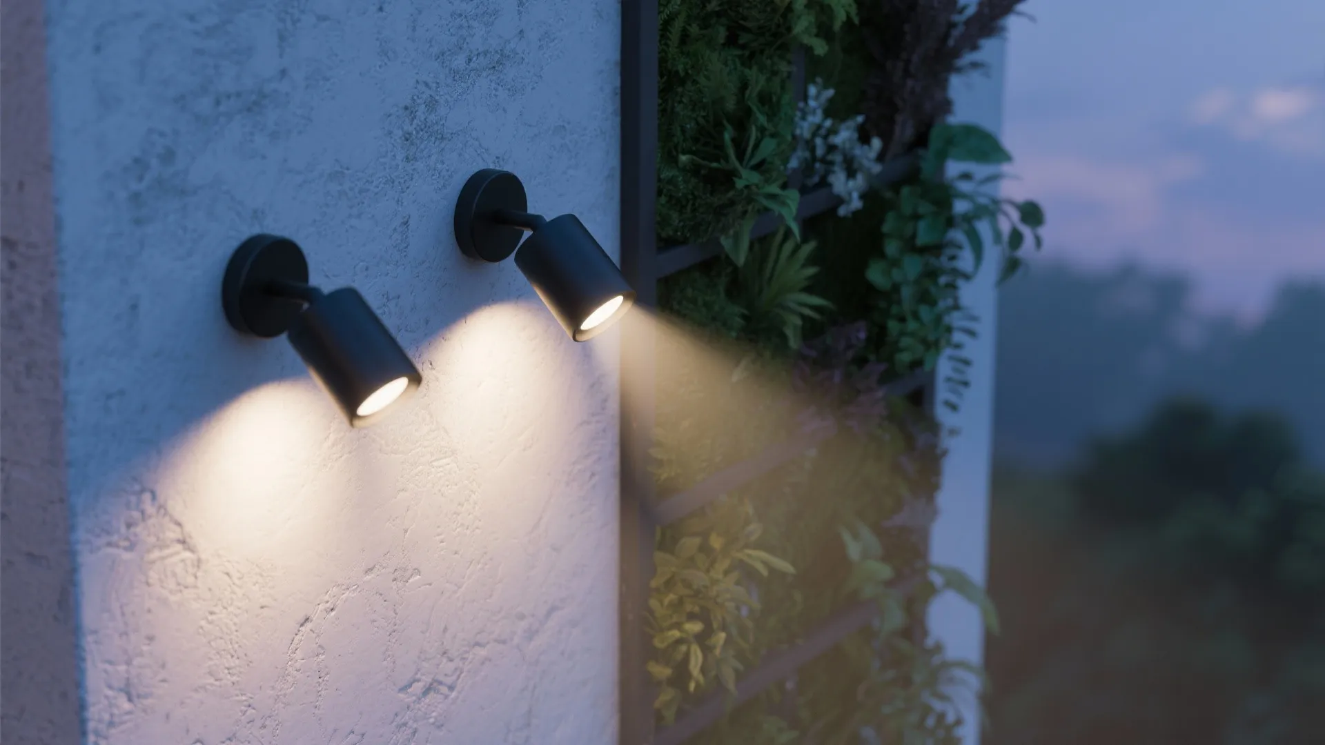 Top-down lighting mockup showing adjustable spotlights illuminating a vertical garden and textured wall.