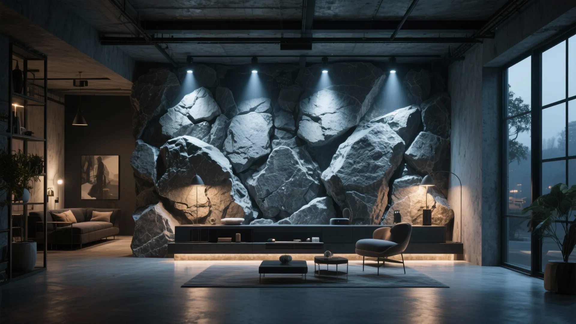 Modern dark living room with spotlighted rock wall low cabinet grey armchair and large windows