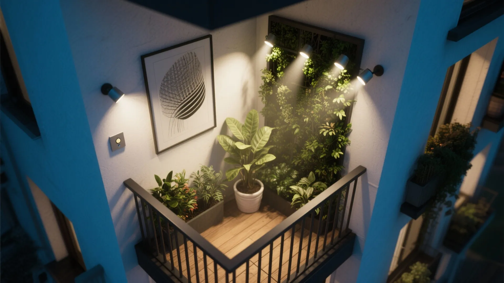 Small balcony garden with green wall plants art picture wooden floor and bright wall lights