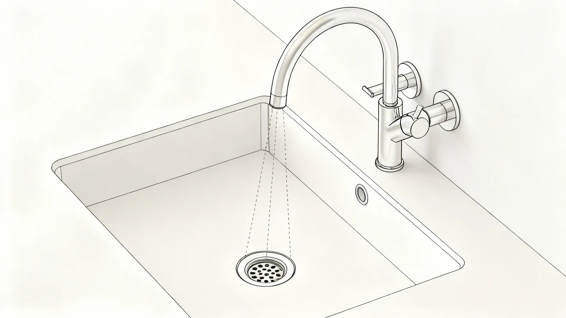 Top-down arcs illustrating long spout reach coverage over a deep sink.