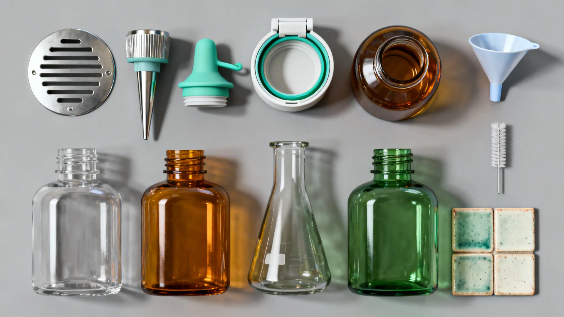 Flat lay of various oil bottle spouts, glass tints, ceramic tile, funnel, and cleaning tools on a neutral surface.