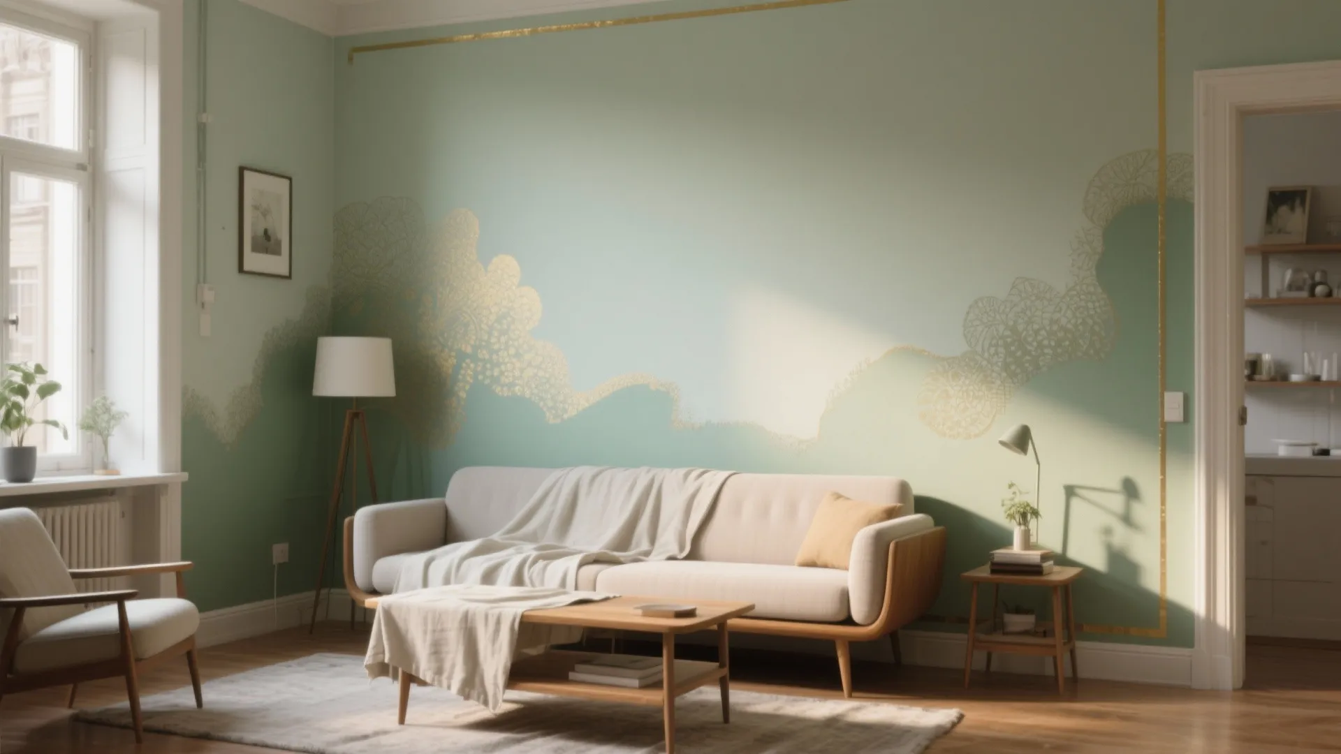 Living room with green wall paint and gold patterns behind a white sofa and table