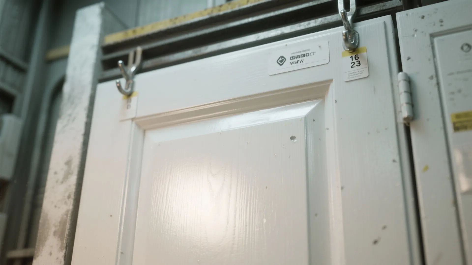Close up view of a freshly painted white cabinet door hanging on a metal hook