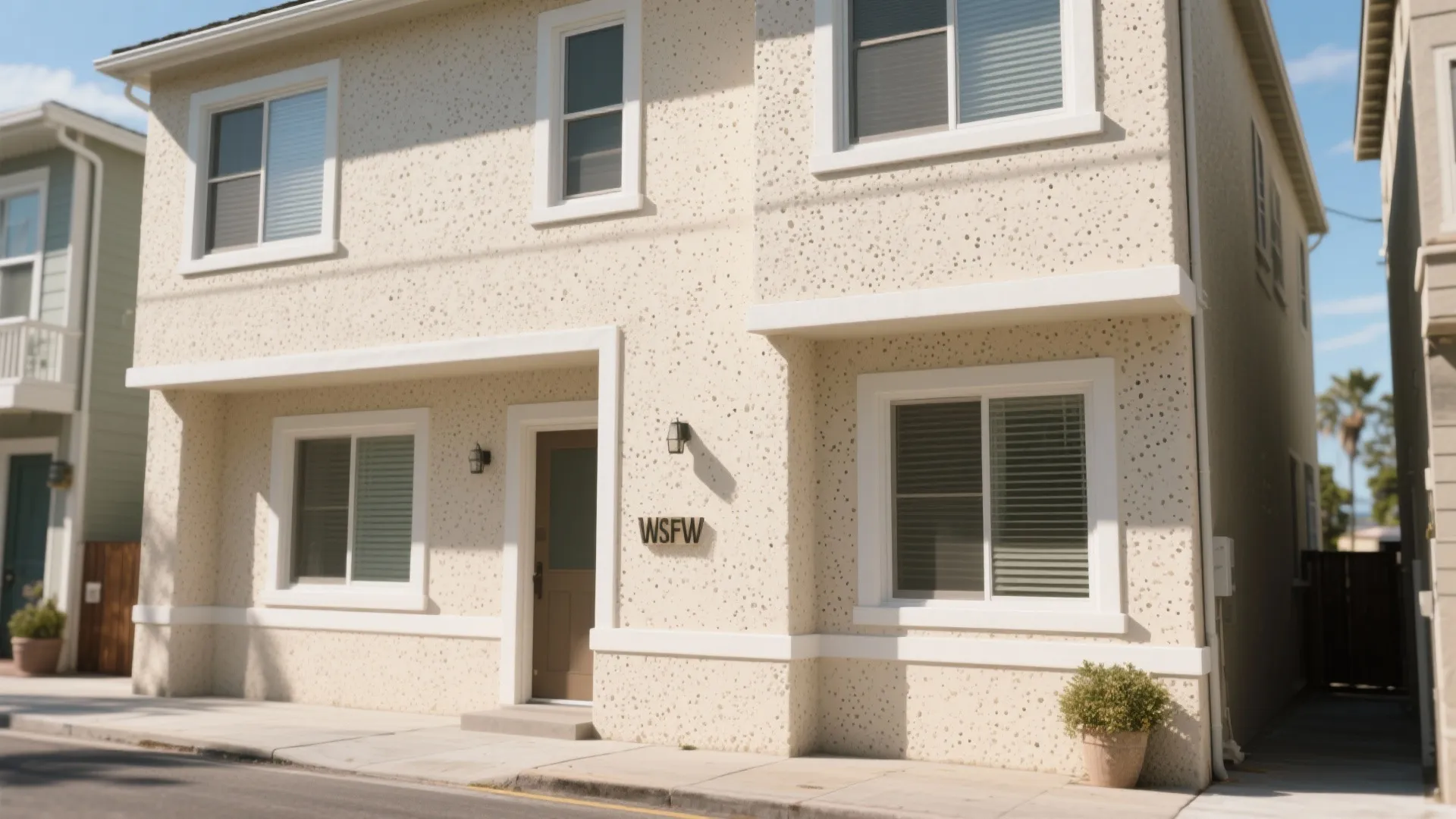 Modern two story house with cream textured walls white window frames brown door and plant