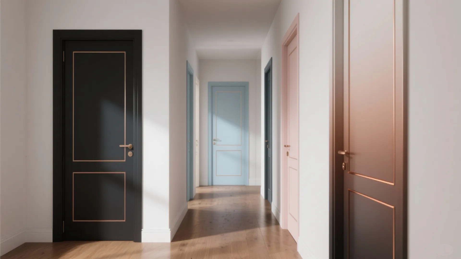 Long hallway featuring black blue and pink painted doors with wood flooring and white walls