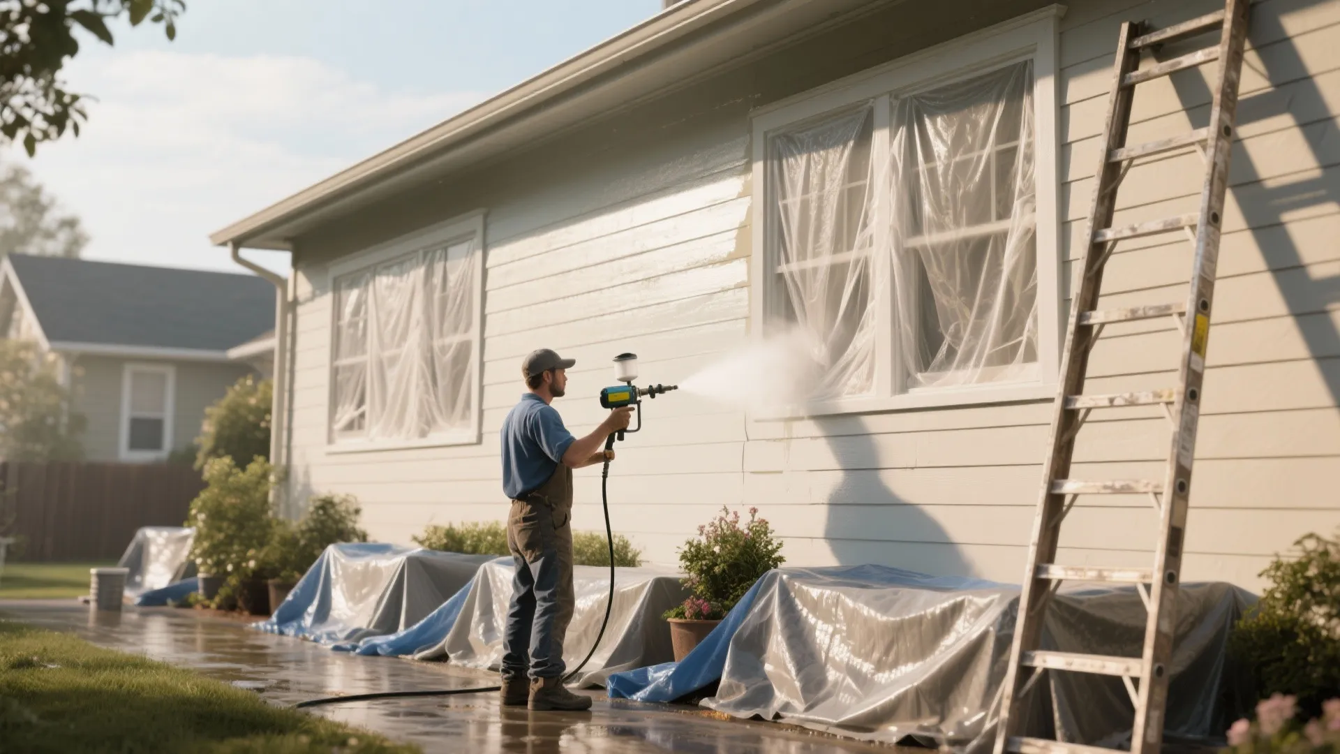 Man using a paint sprayer on house wall with windows covered in plastic and ladder