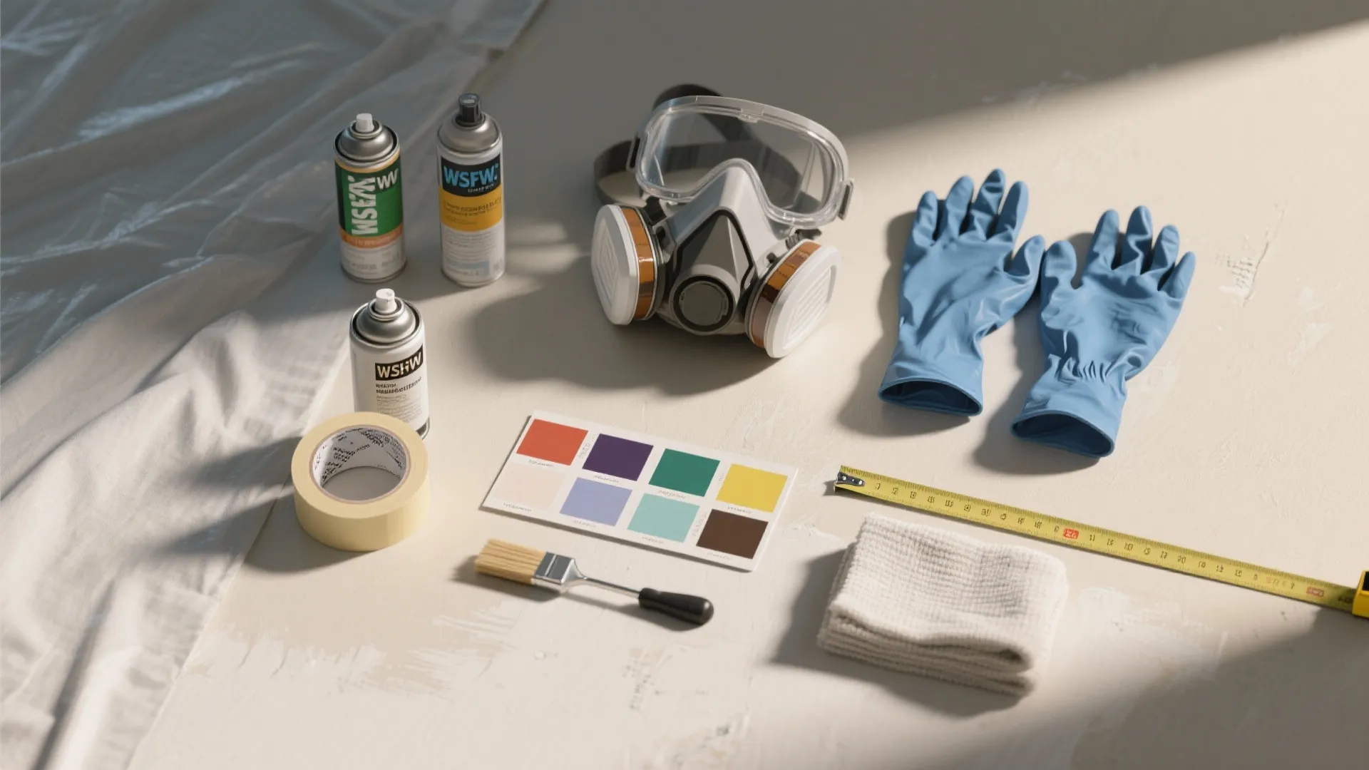 Painting tools including spray cans, safety mask, blue gloves, color palette, brush, and measuring tape