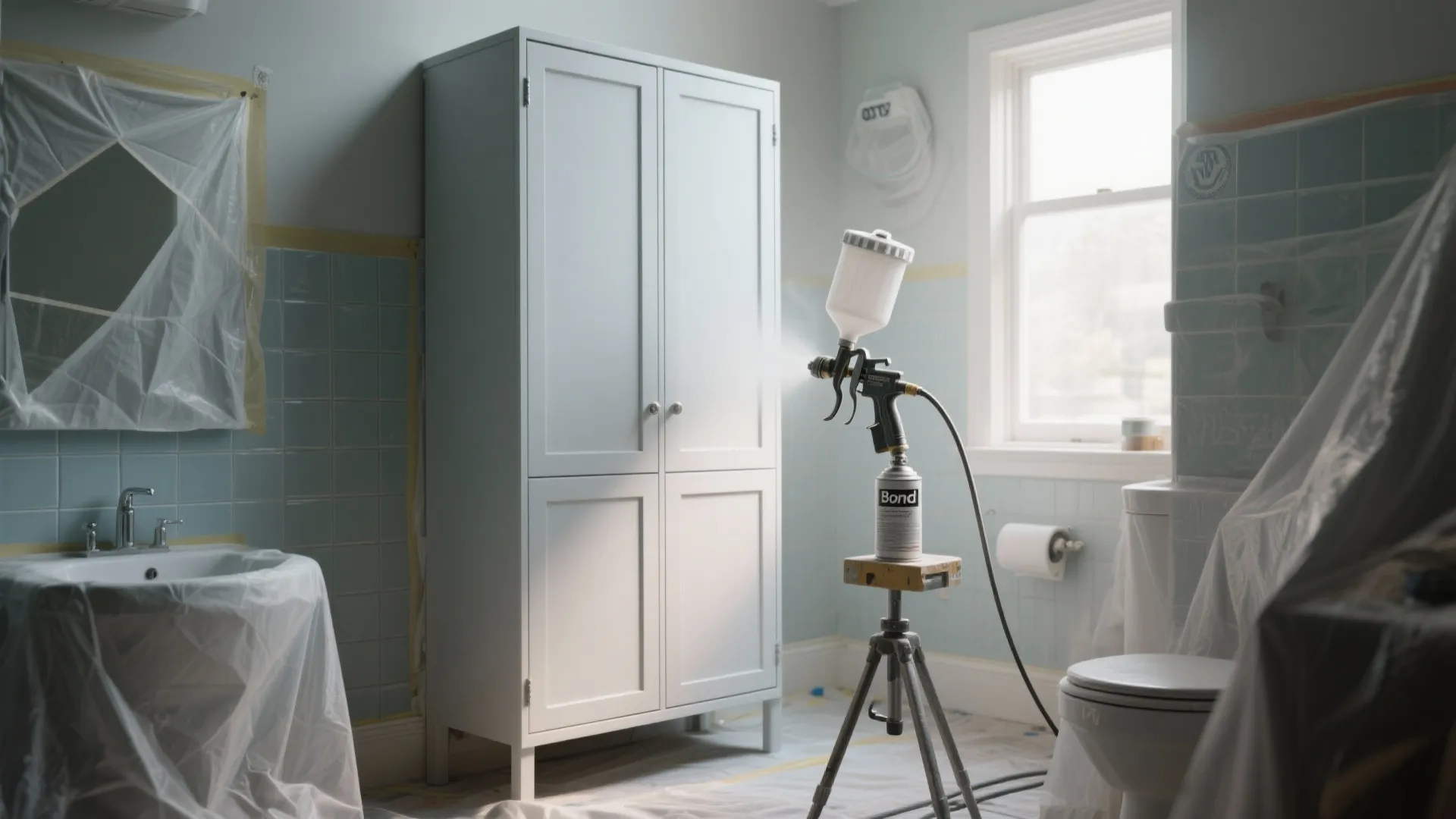 Masked small bathroom with spray gun and respirator preparing for spray-applied bonding primer and finish