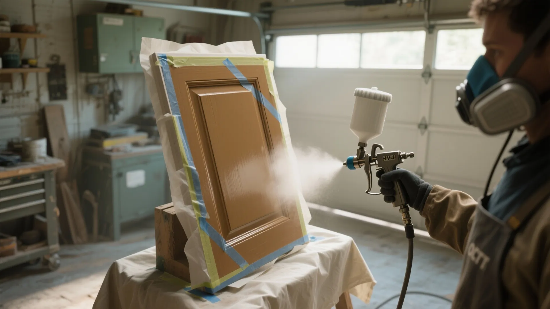 Worker using a spray gun to apply paint on a wooden cabinet door in a workshop