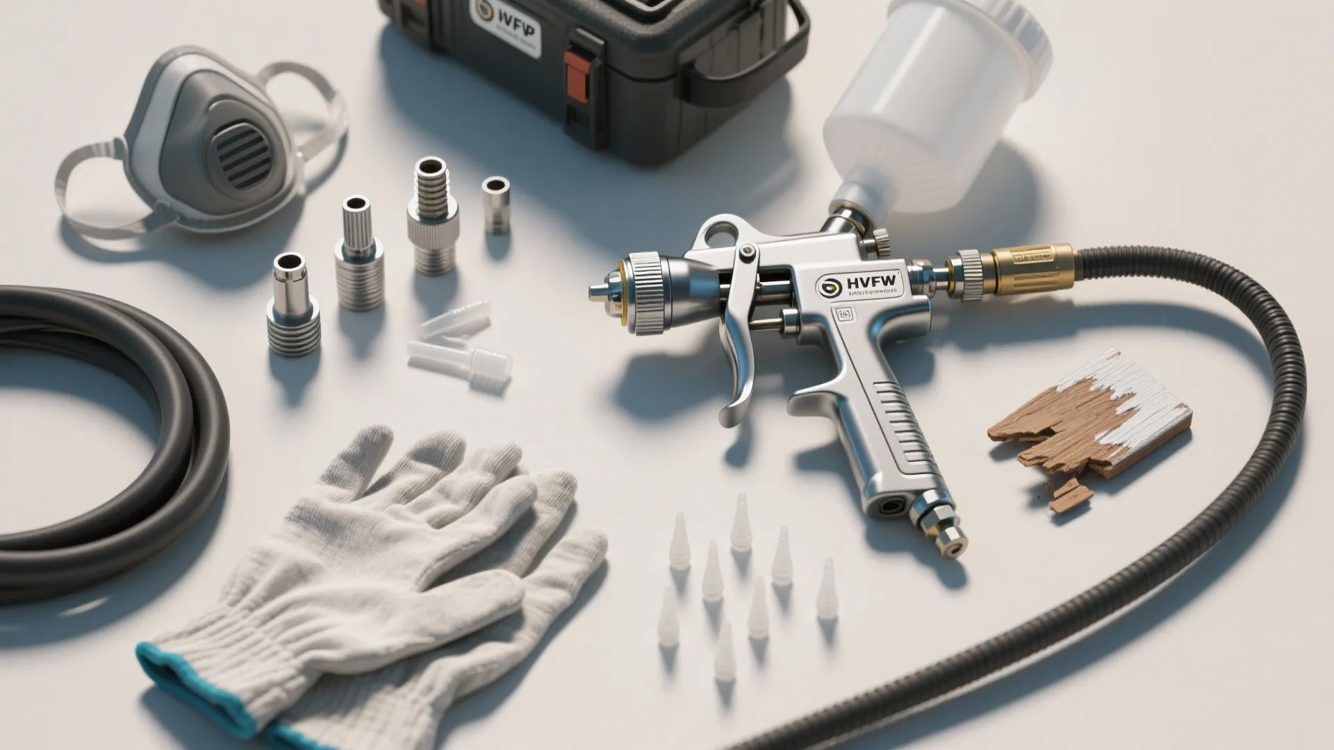 Flatlay of HVLP sprayer, nozzles, respirator and practice board showing equipment choices.