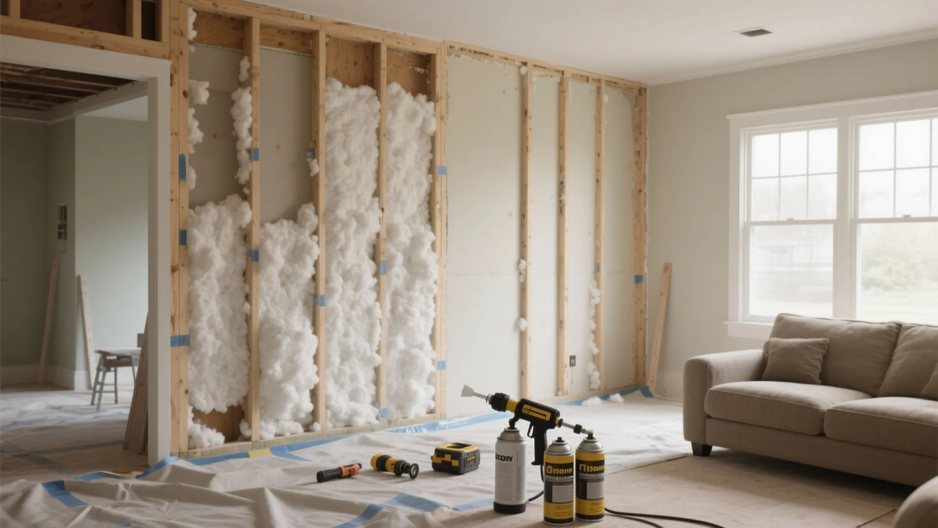 Interior room under renovation with white spray foam insulation inside wooden wall frame and tools