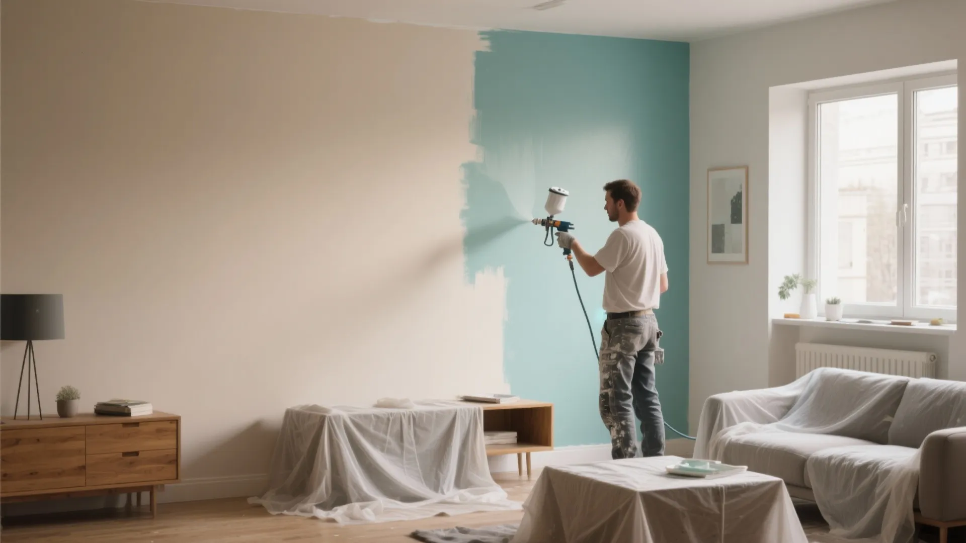 A man using a paint sprayer to paint a living room wall in light blue