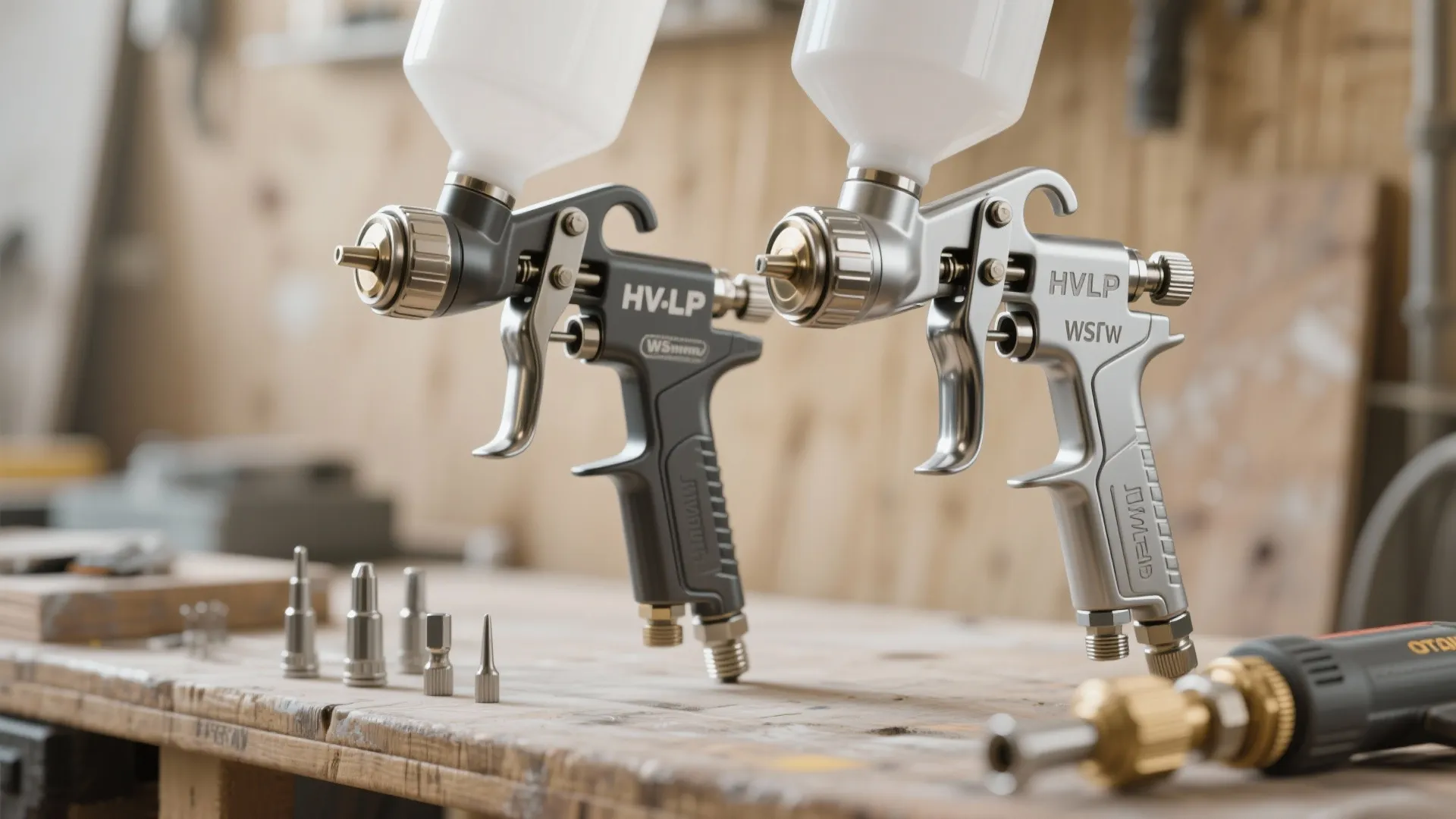 Two metal paint spray guns side by side on wooden table with small metal nozzle parts