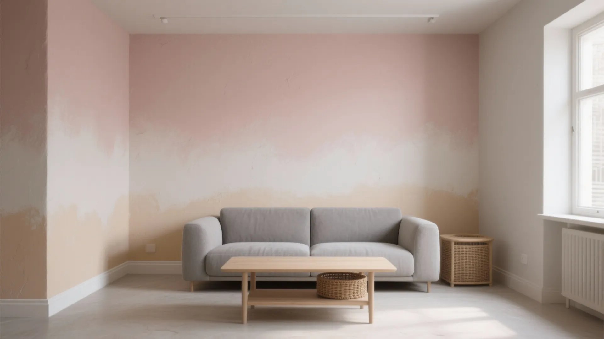 Modern living room with pink ombre wall, grey sofa, wooden coffee table, and large window
