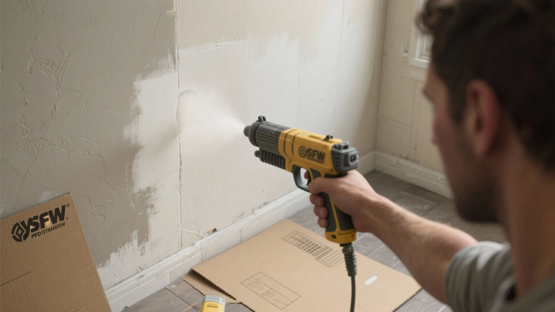 A person using a yellow hand held spray tool to apply white paint on wall