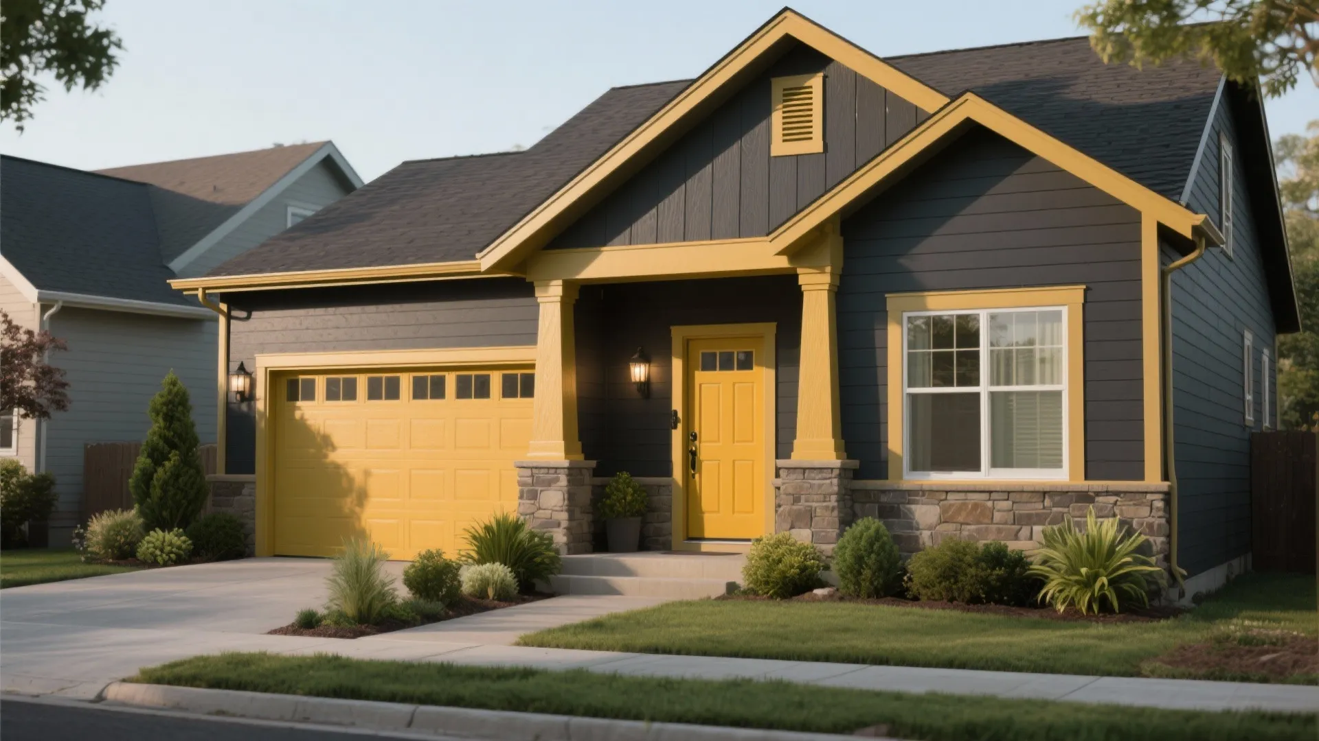 Modern house exterior with dark grey siding yellow garage door yellow front door and stone walls