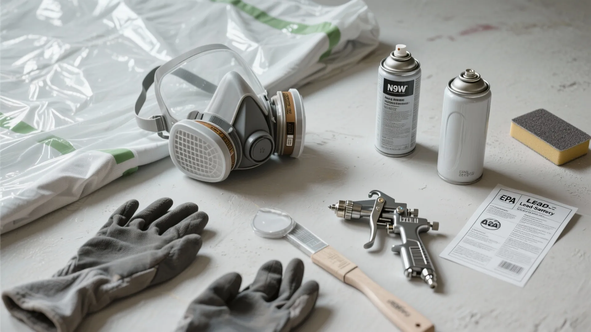 Spray painting tools and safety equipment including mask gloves paint cans brush and spray gun