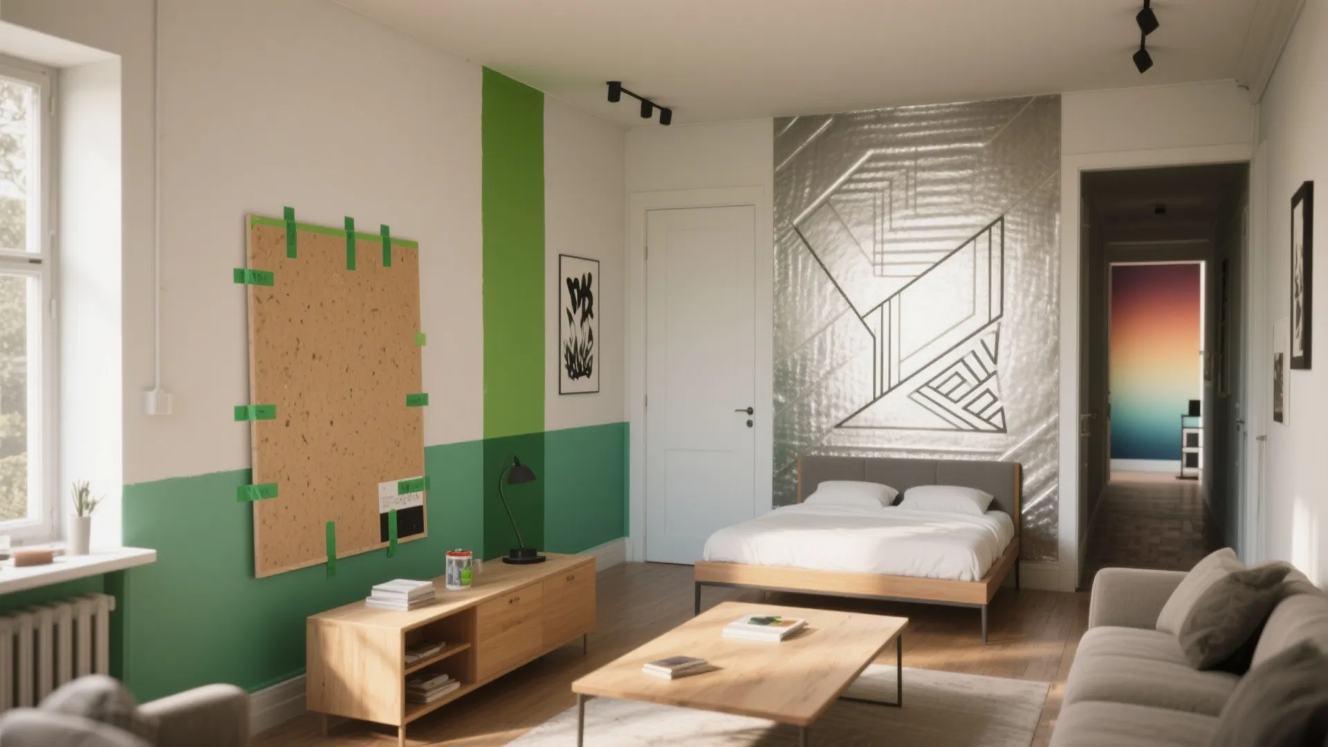 Modern studio apartment featuring green wall paint details with a bed and light wood furniture