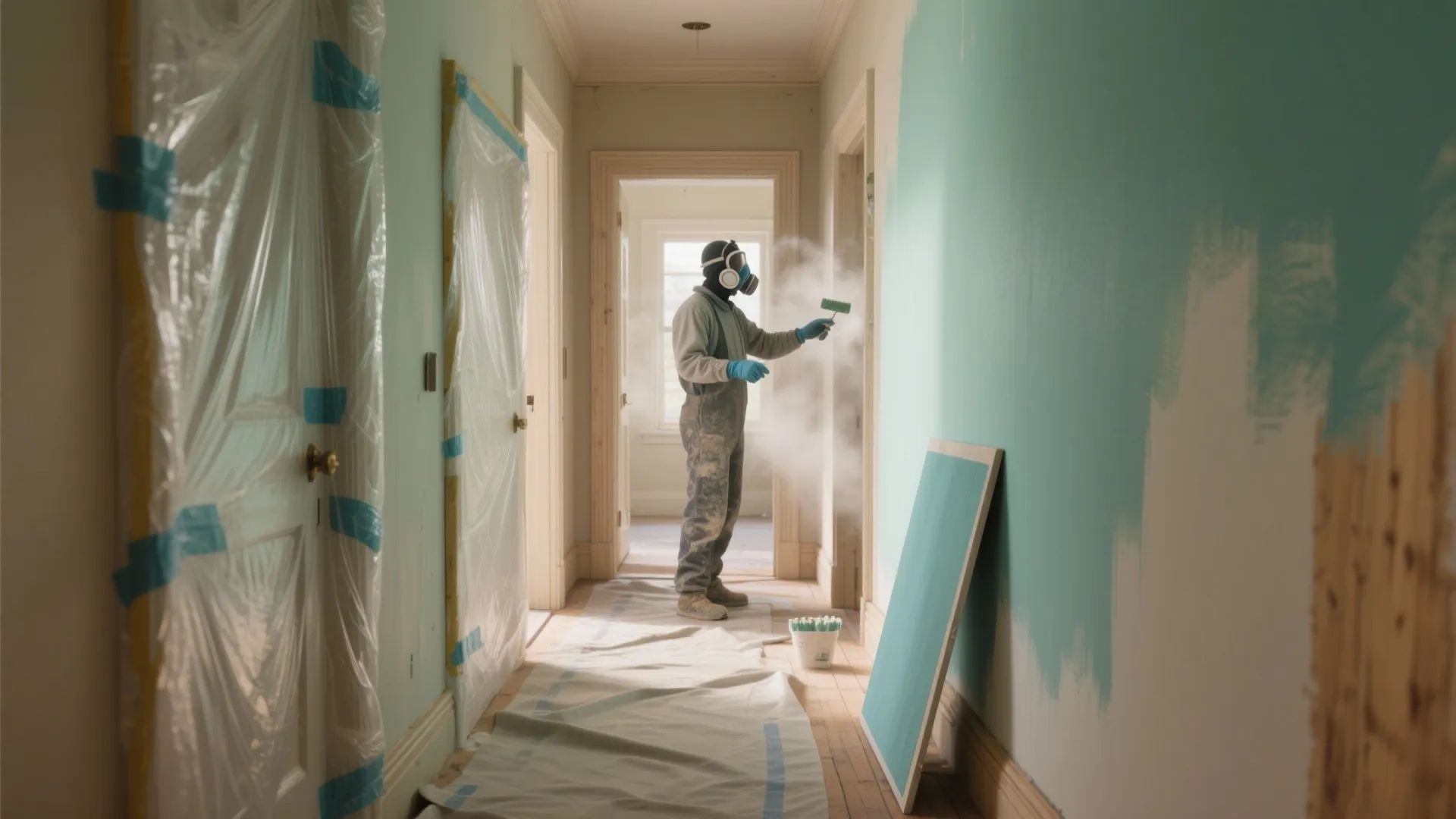 Professional painter using spray gun in a corridor with protected doors and green wall paint