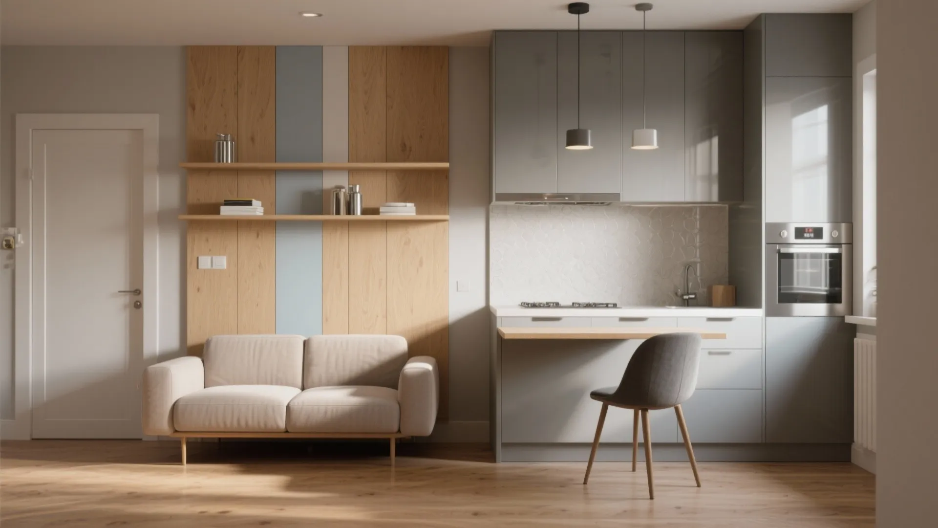 Small apartment interior design drawing with cream sofa wood wall panel and grey kitchen cabinets