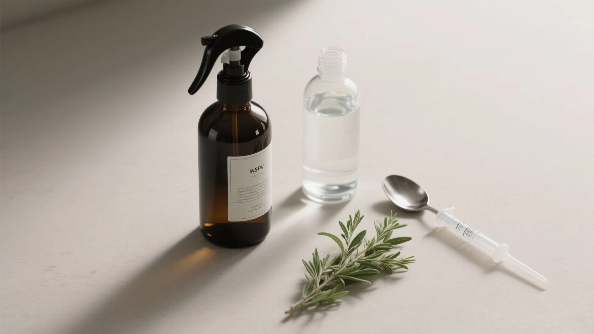 Brown spray bottle beside clear glass bottle with rosemary sprig silver spoon and plastic syringe