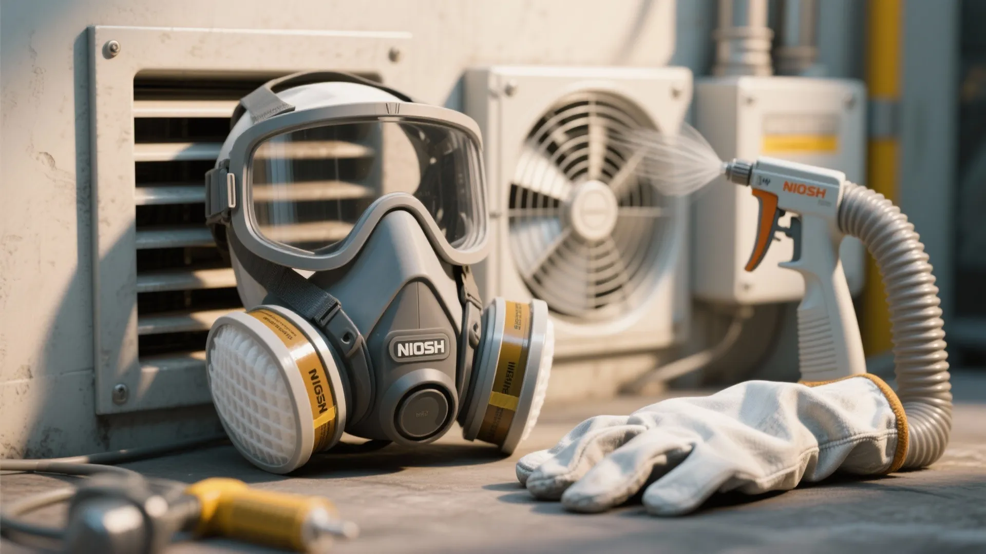 Professional safety face mask and gloves placed on a workbench next to a paint spraying tool