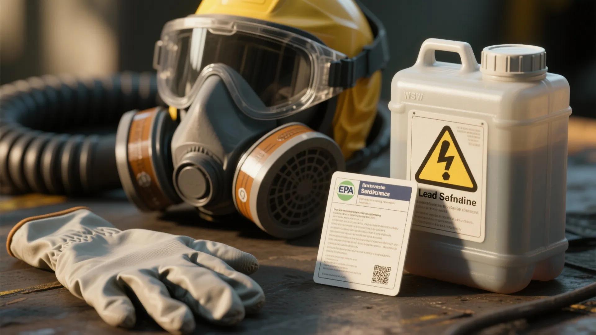 Macro close-up of respirator, goggles, gloves and a safety information card for exterior spraying precautions.