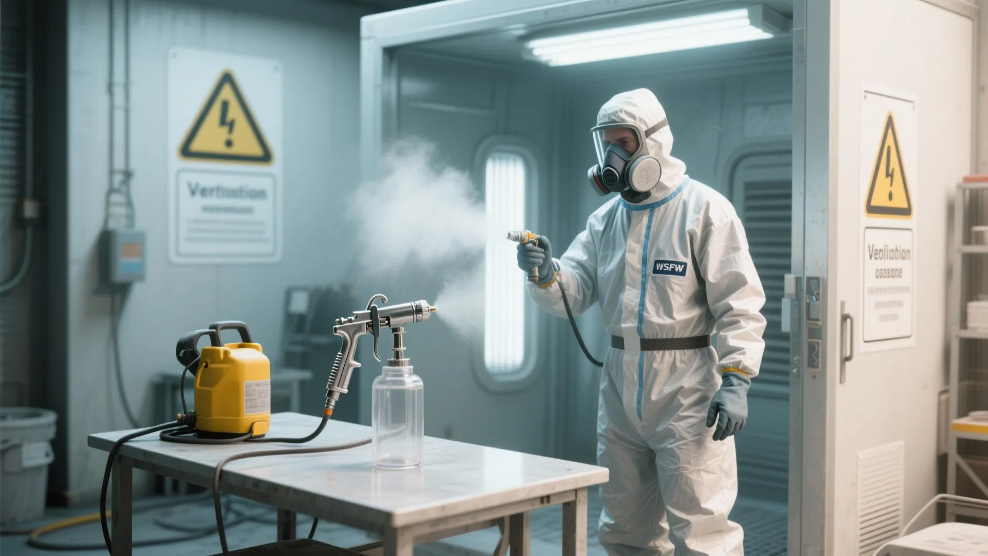 Person in a white safety suit using a spray gun to apply coating in a workshop