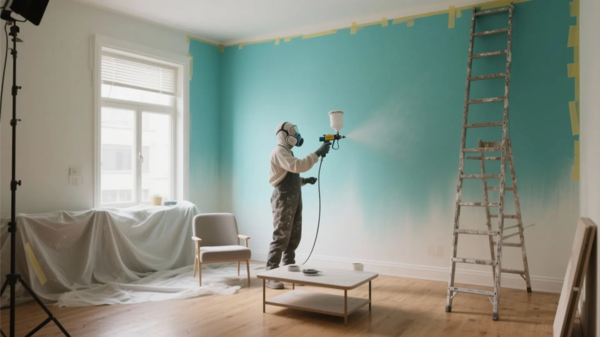 Professional painter in protective gear using spray gun to paint room wall in blue color