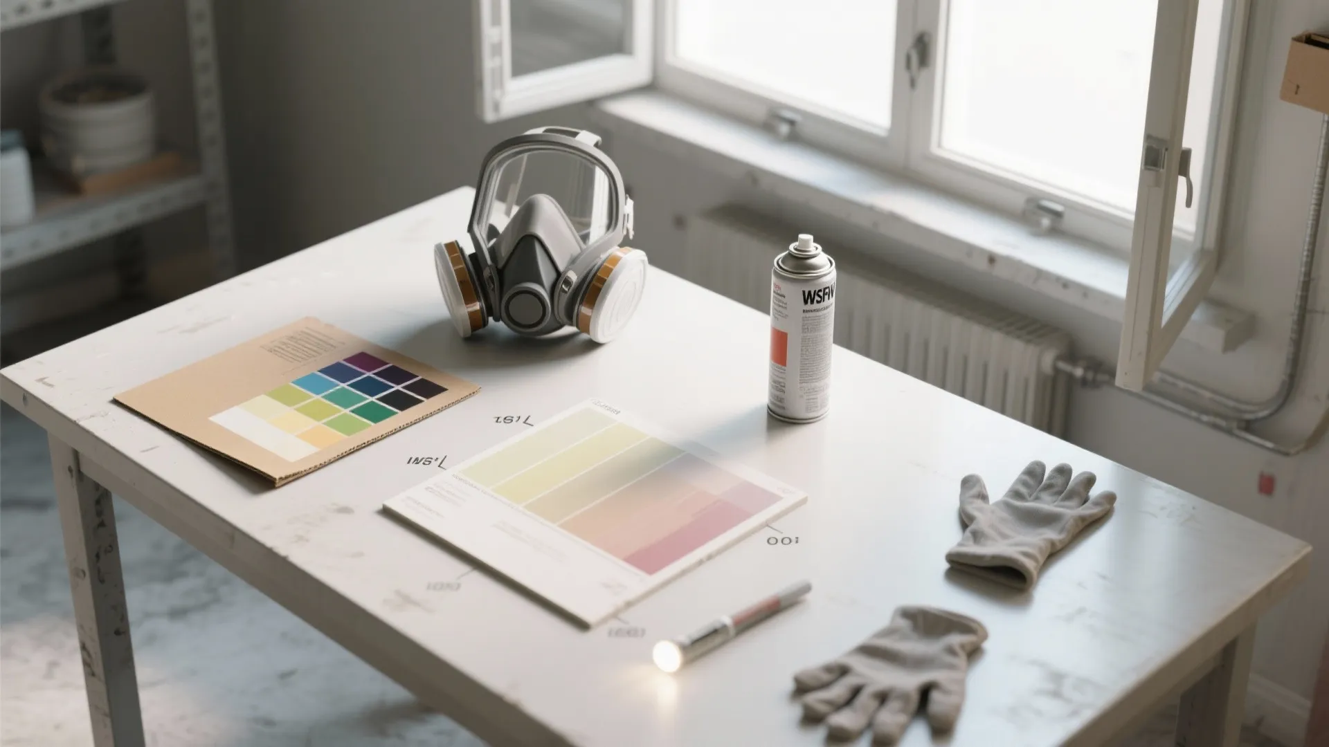 Table with spray paint can gas mask color cards gloves and tools near an open window