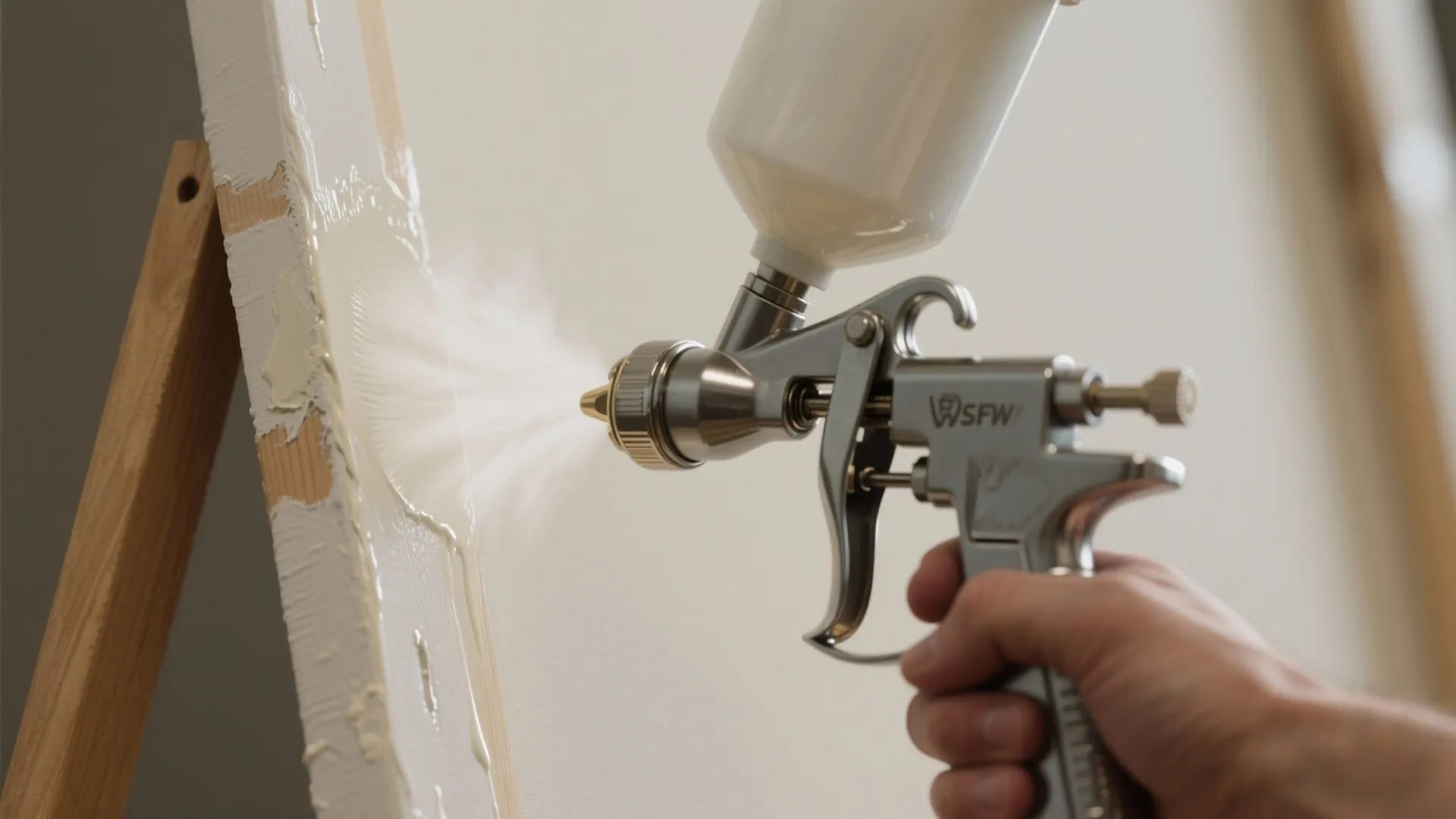 Macro shot of an airless sprayer gun creating overlapping passes on a test panel with a guide stick nearby.
