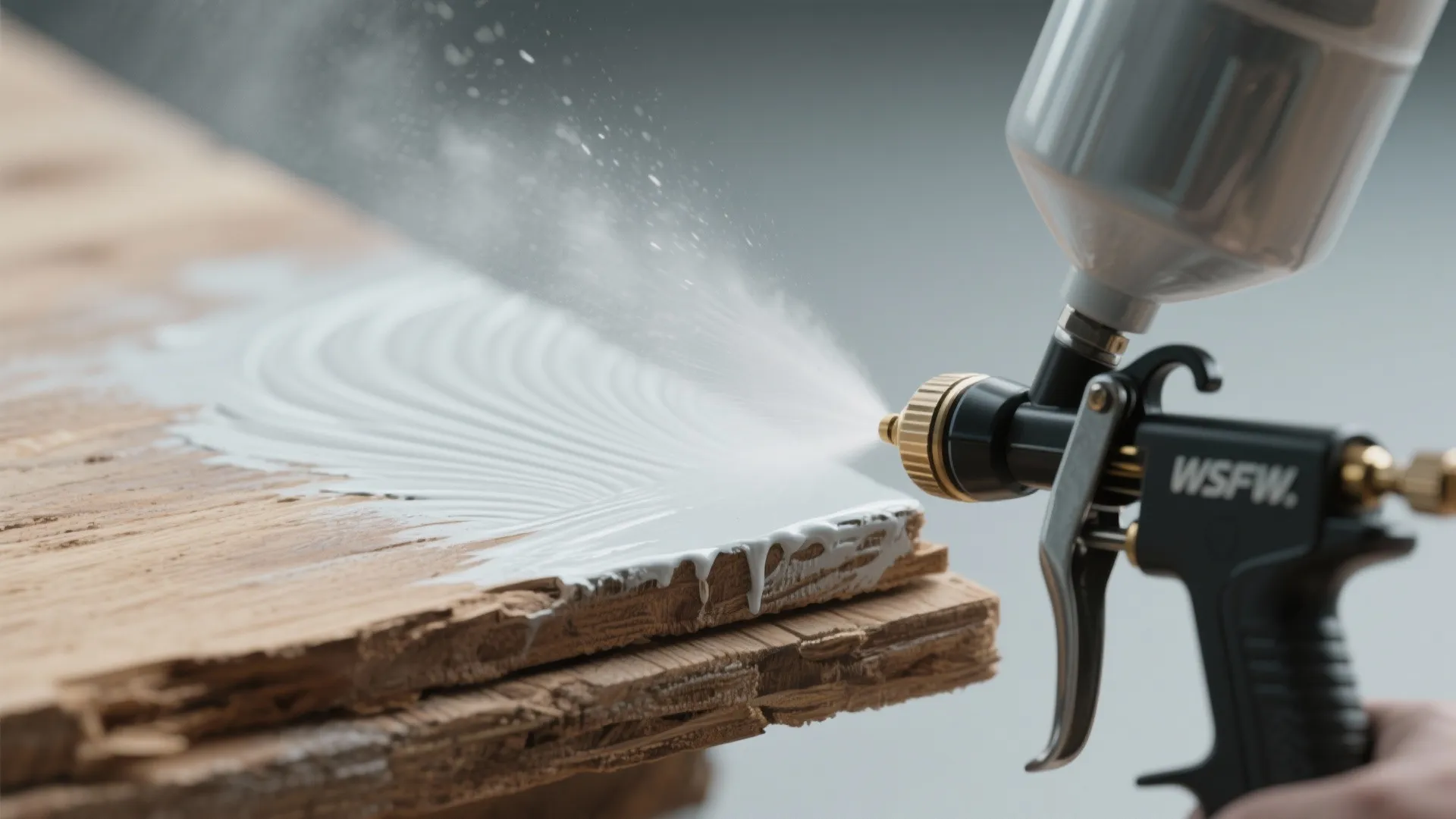 Close up view of a black paint spray gun applying white paint onto a wood board