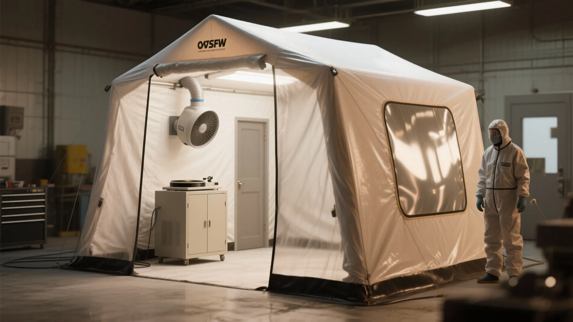 Large white portable work tent with ventilation fan inside a workshop and person in suit