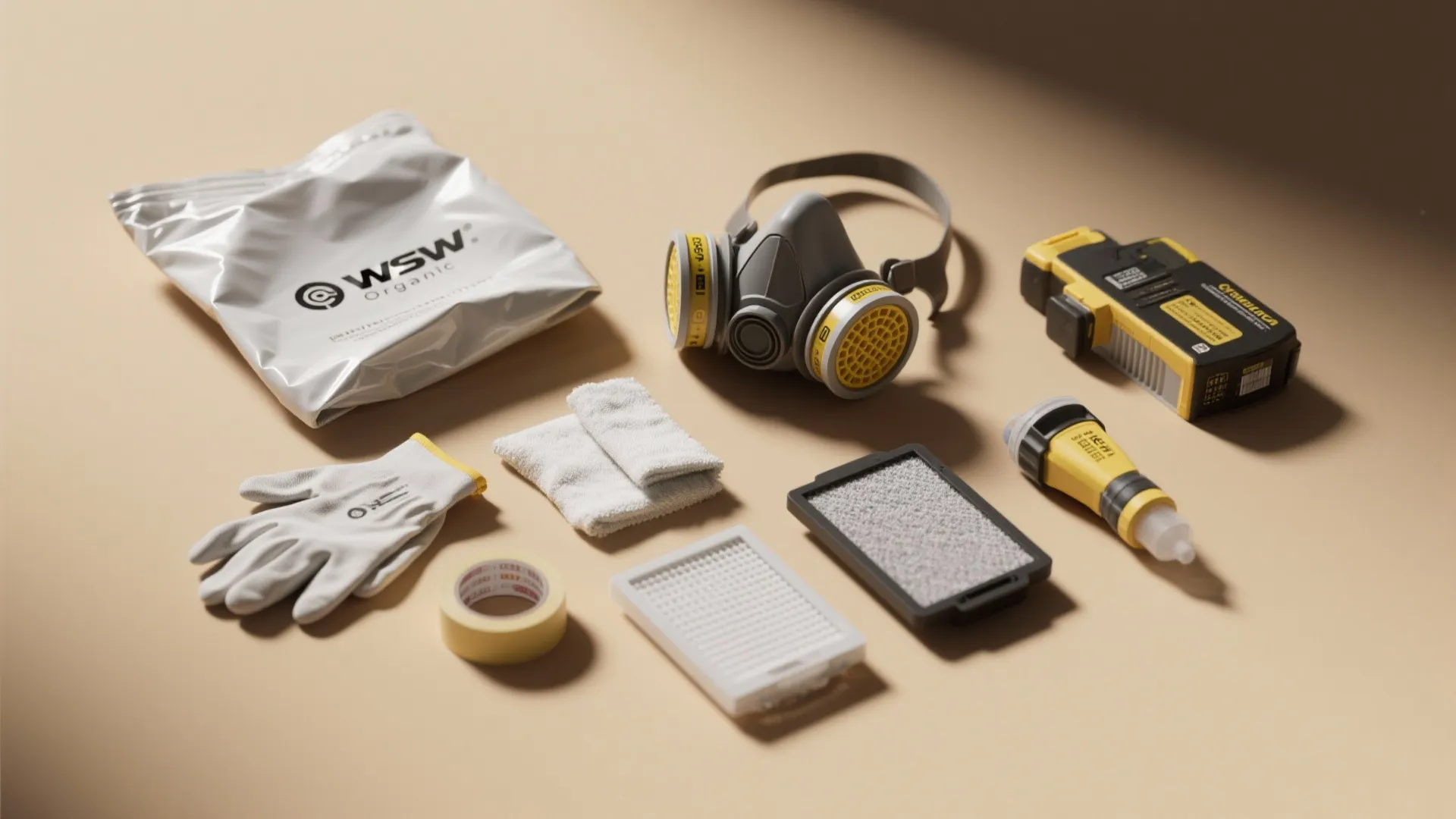 Safety gear set with breathing mask gloves filters and tape for home painting and renovation