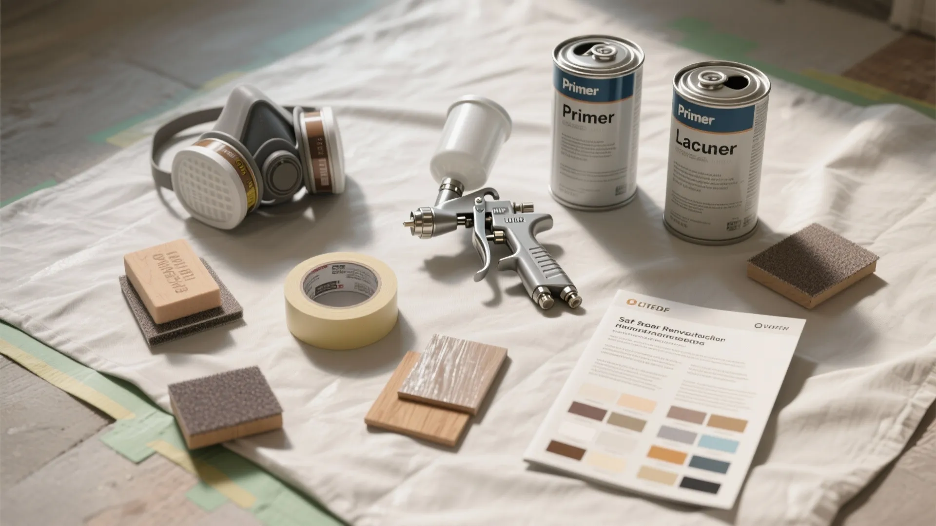Flatlay of spray painting tools, respirator, tape, primer and finish test panels showing matte, sheen and metallic samples.