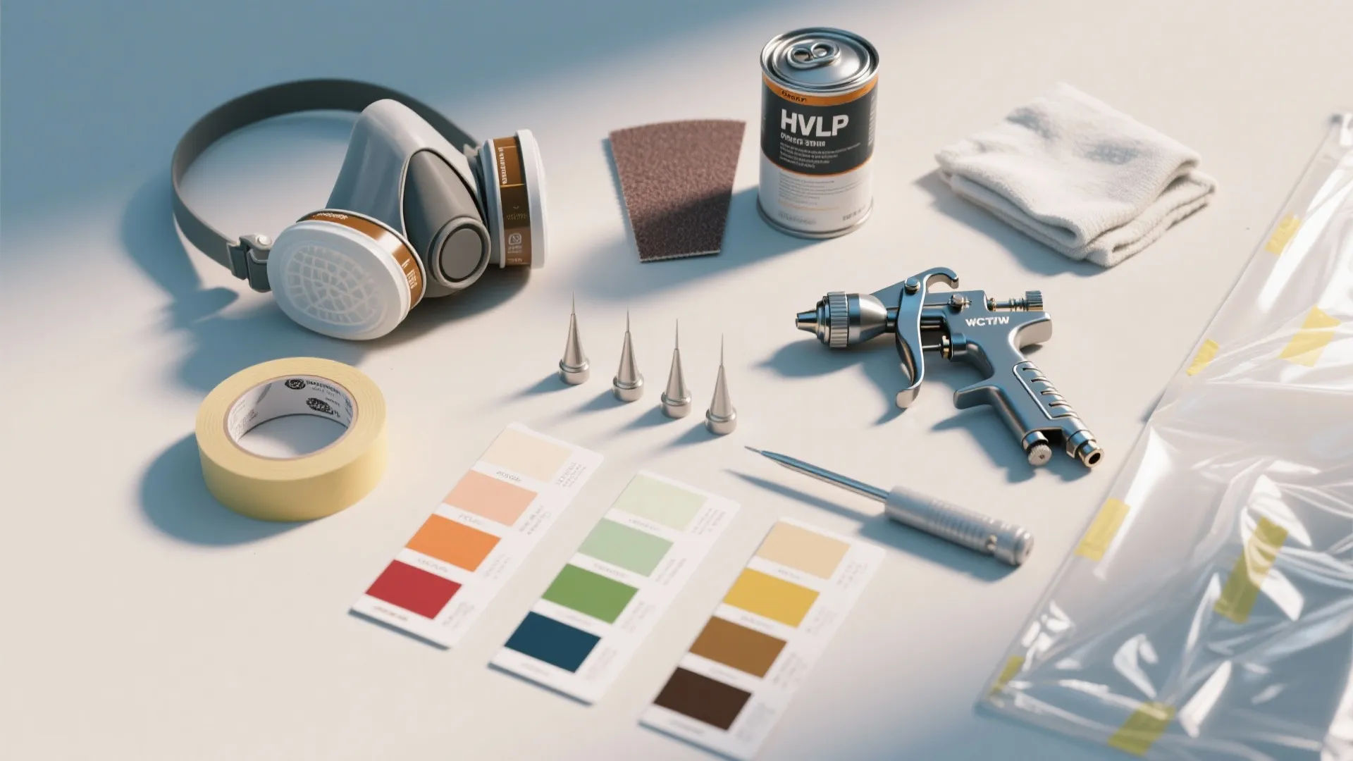 Professional paint spraying equipment with mask sandpaper color cards and tools organized on a white surface