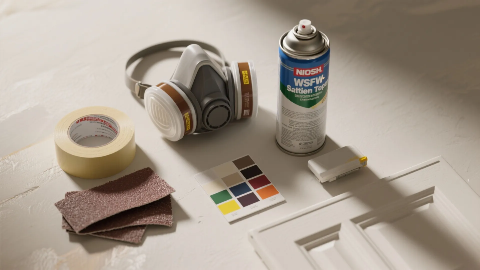 Painting tools including spray can mask sandpaper and tape on a floor for DIY home projects