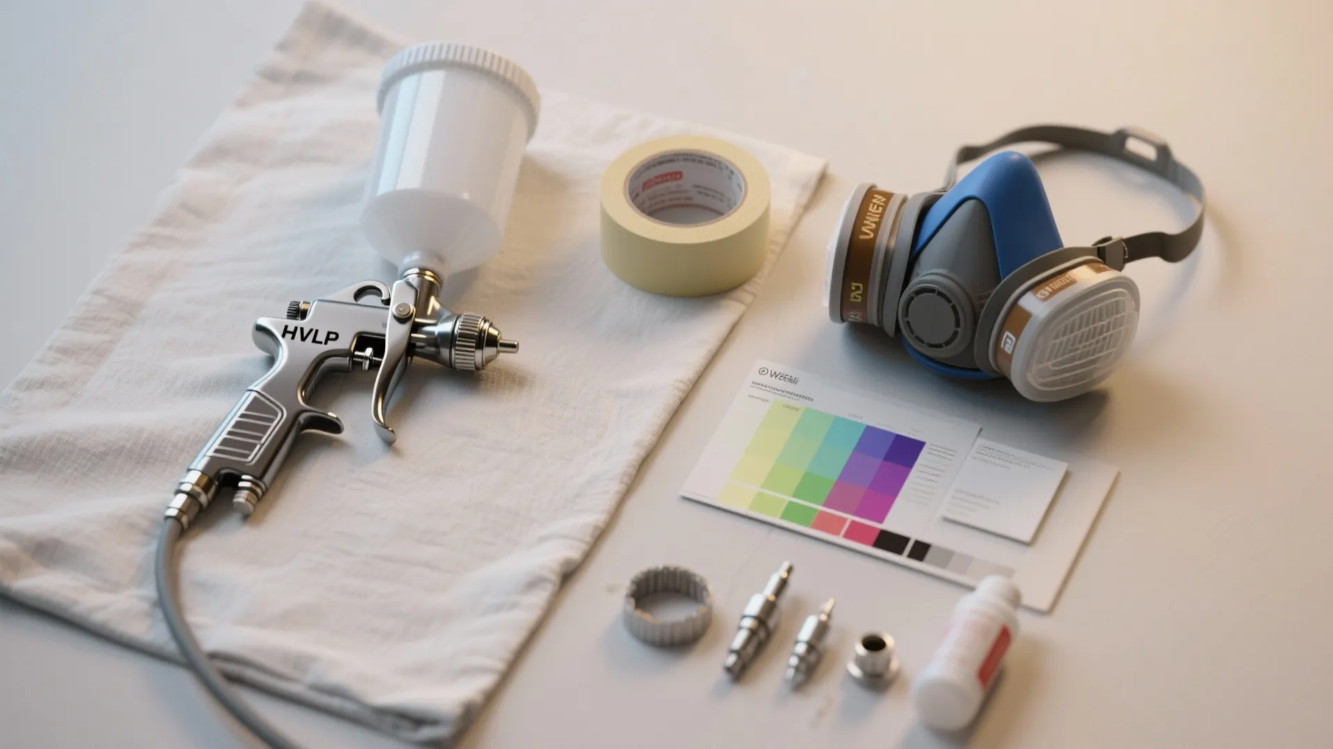 Professional painting tools including a paint sprayer face mask tape and color cards on table