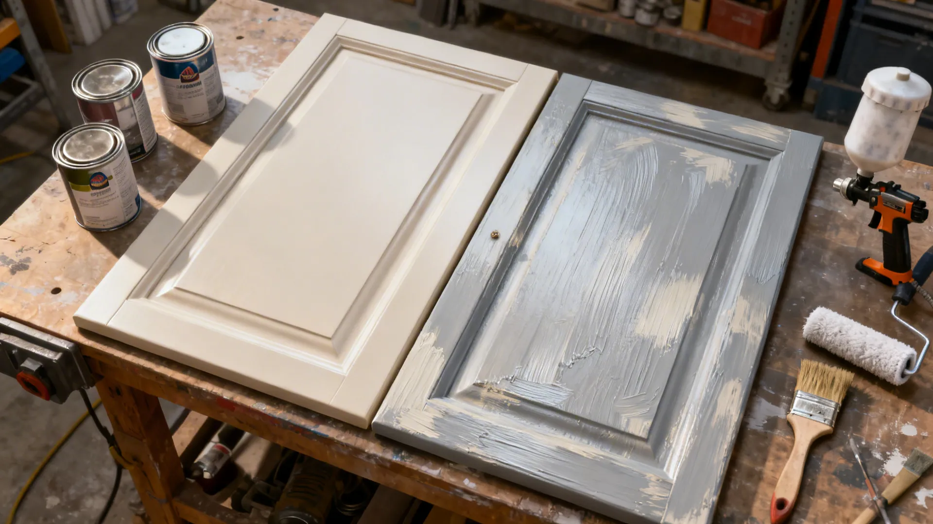 Top-down comparison of cabinet doors showing spray-applied smooth finish vs brush-applied textured finish.