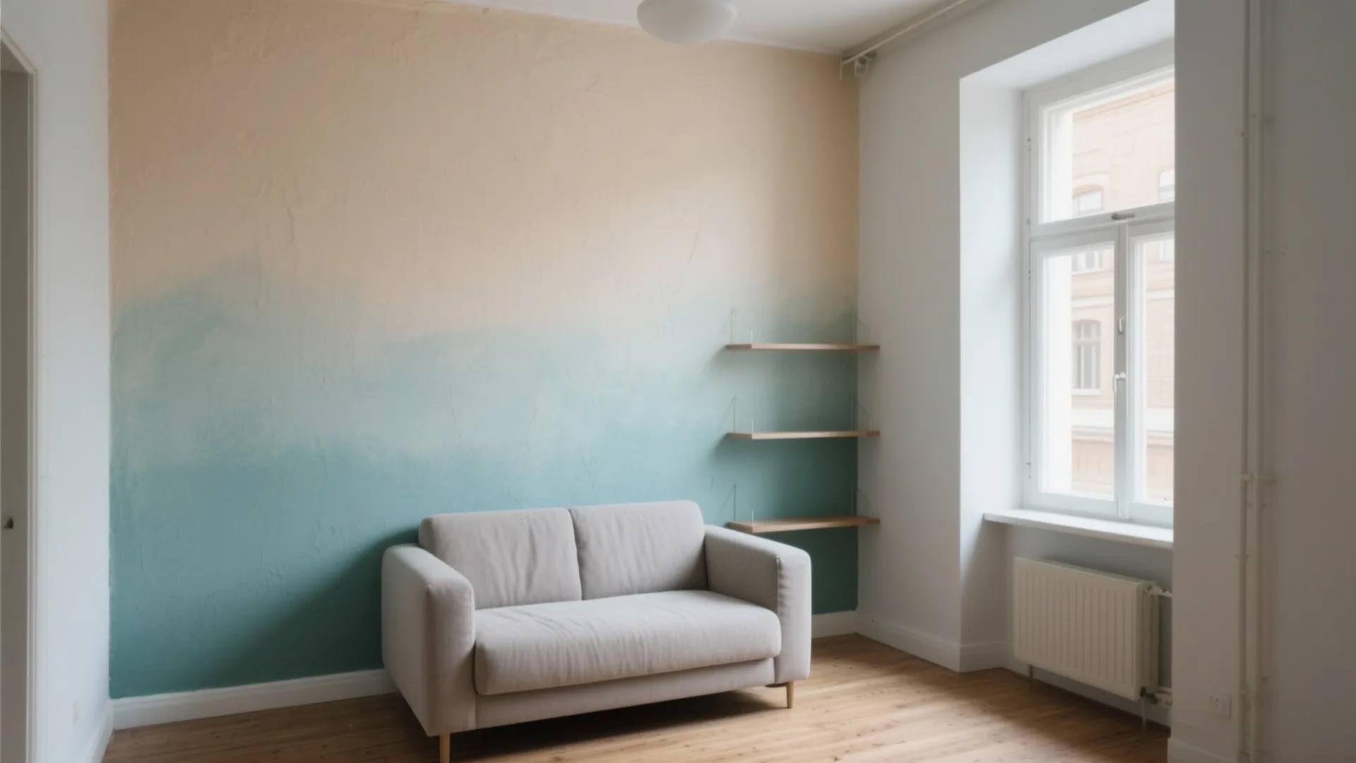 Minimalist room with blue and beige wall paint including a grey sofa and wooden shelves