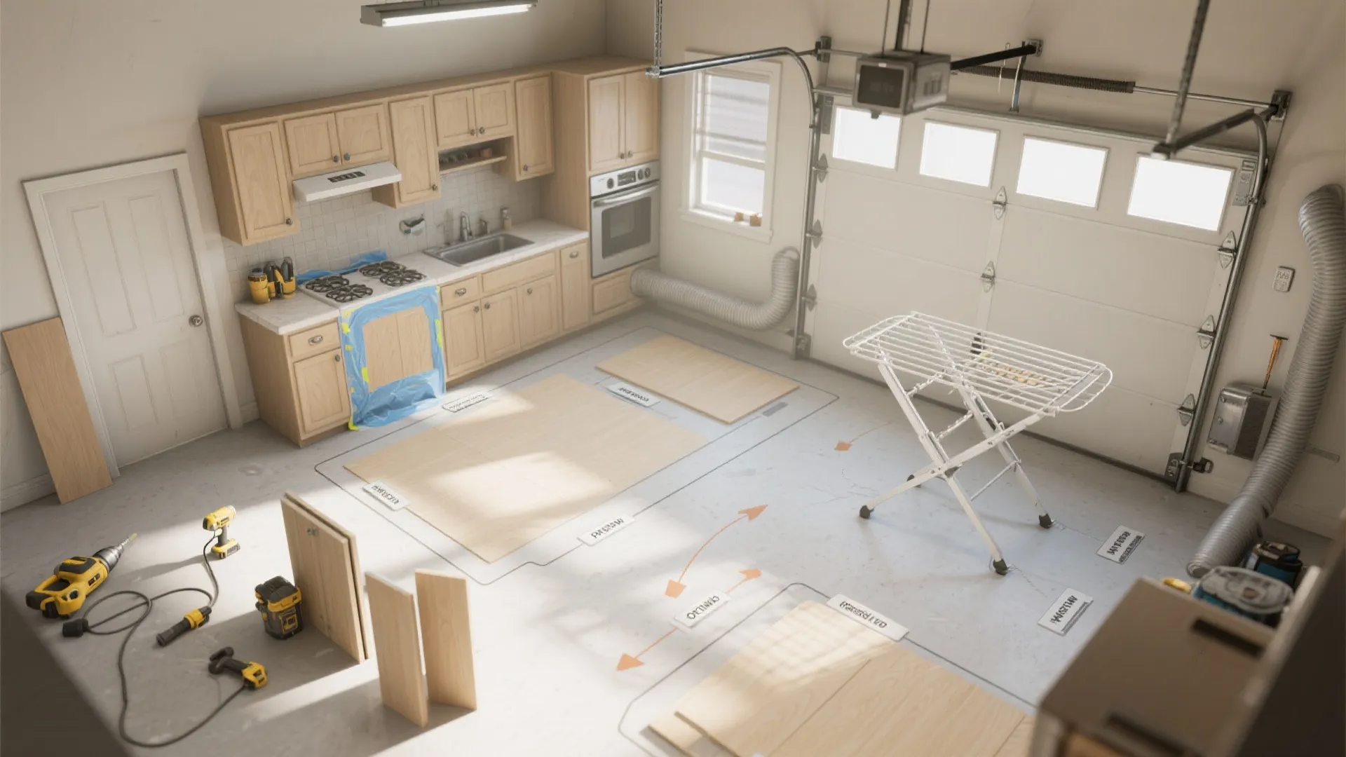 Kitchen renovation floor plan showing layout for spraying cabinets with tools and wood panels organized