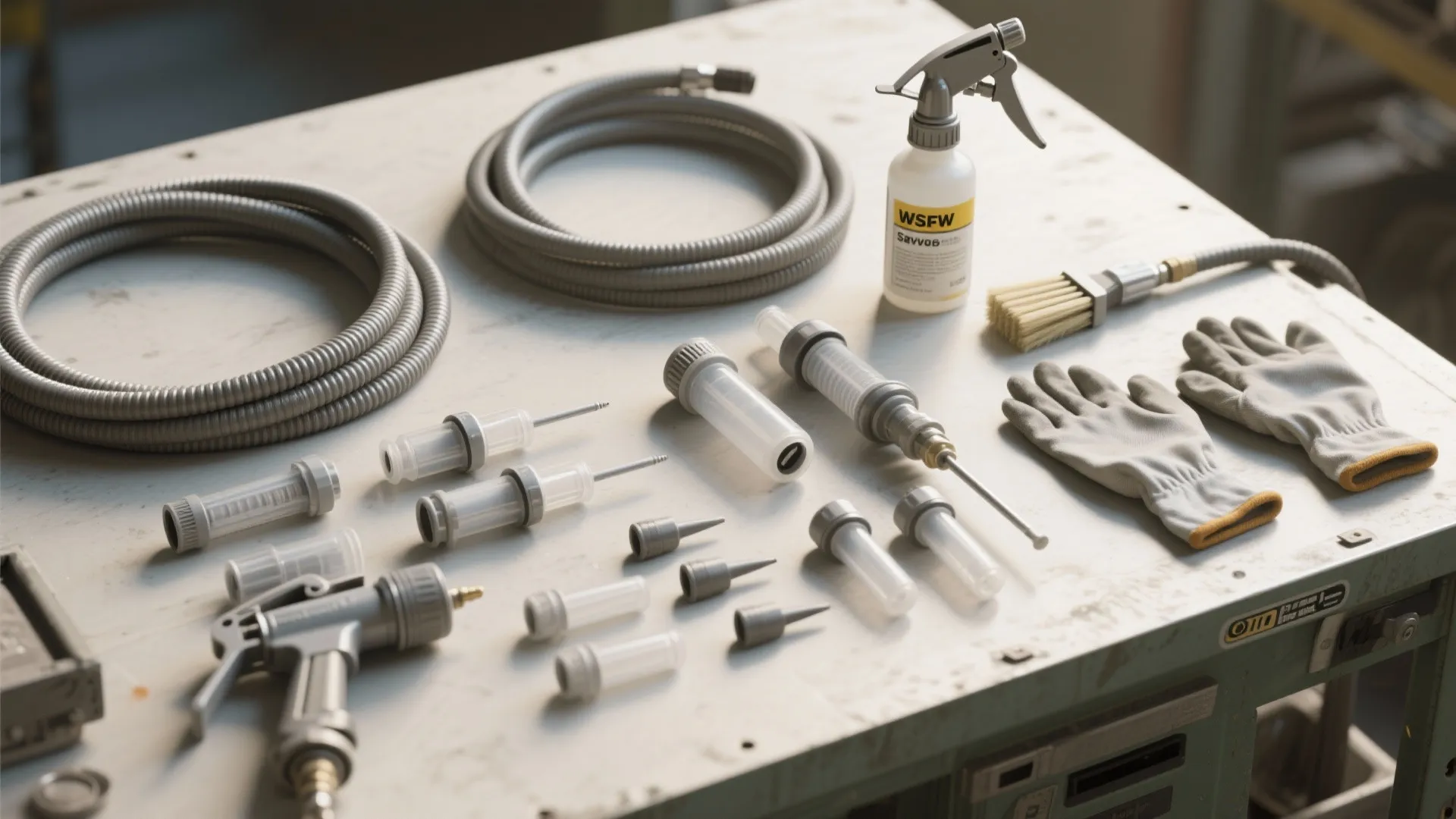 Flatlay of sprayer accessories: hoses, tips, filters, pump saver, cleaning tools and gloves.