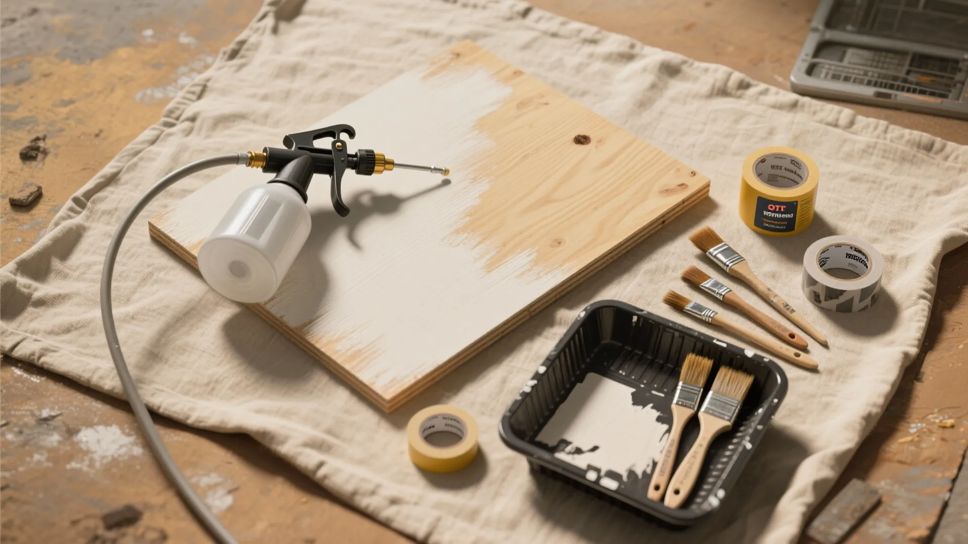 Paint sprayer and brushes on cloth next to partially painted wooden board and rolls of tape