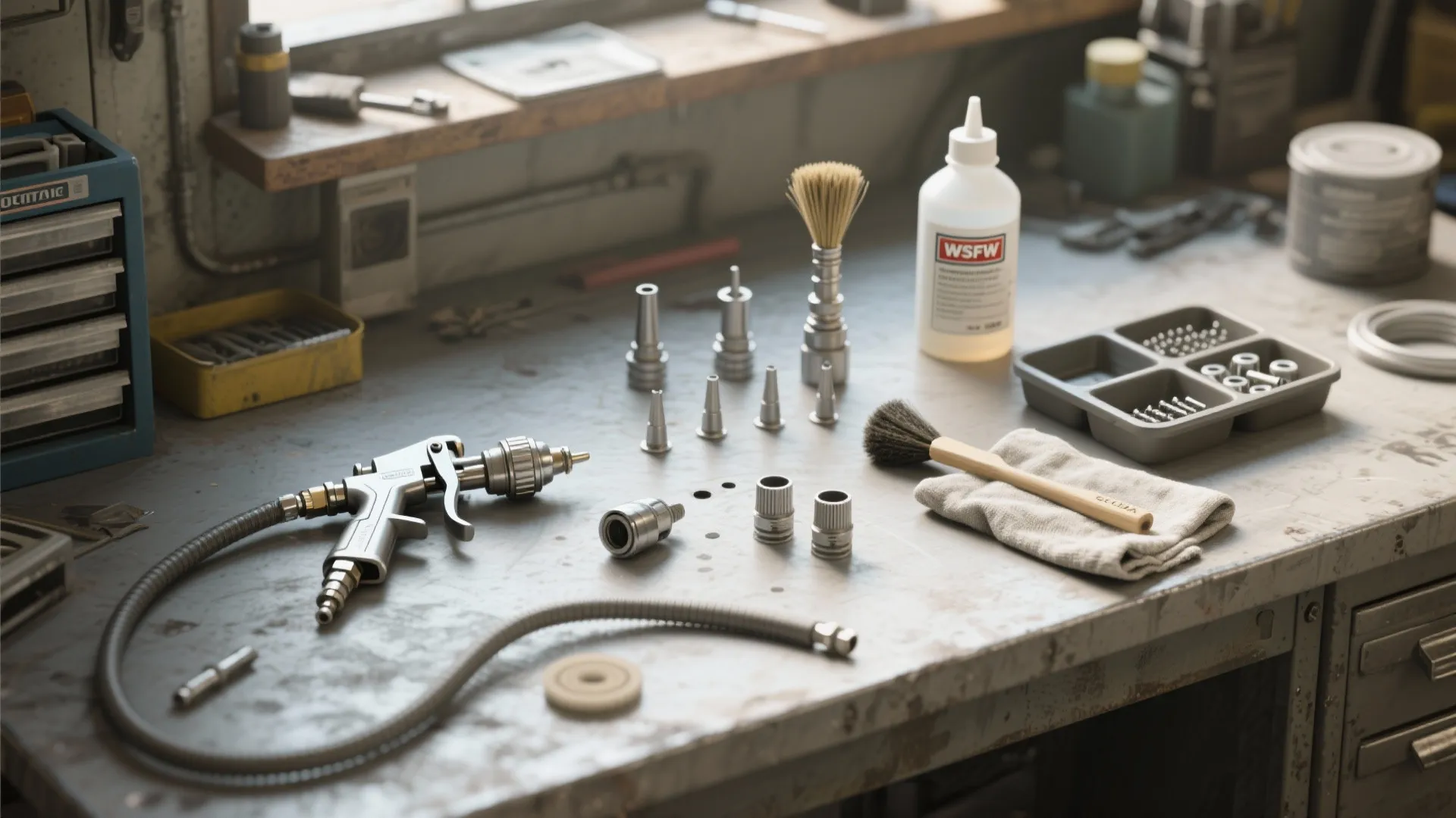 Flatlay of sprayer spare tips, filters, cleaning brushes, solvent and disassembled nozzle parts on a workbench.