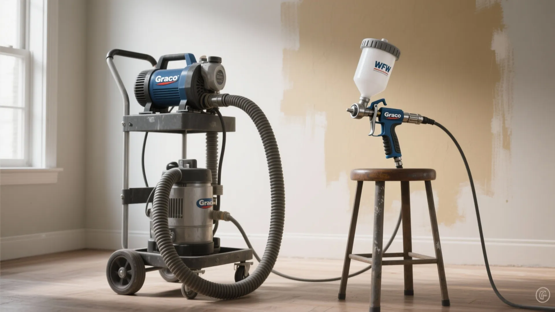 Large professional paint sprayer on cart next to small spray gun on wooden stool indoors