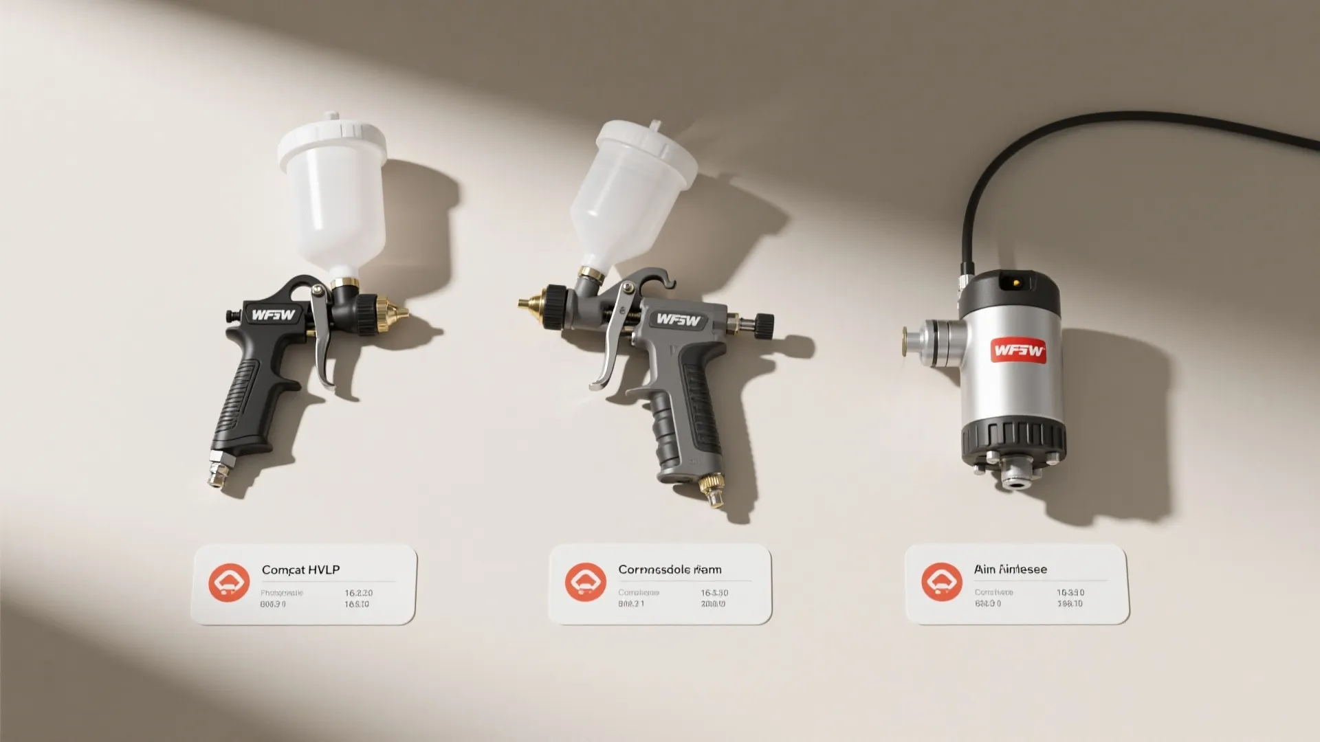 Comparison of three different paint sprayers on a plain background with white labels for each