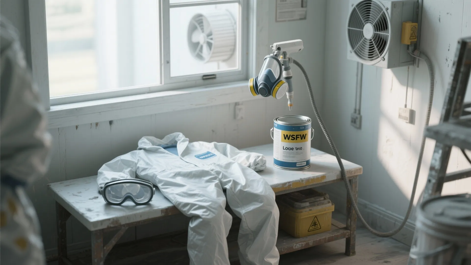 Protective white suit and goggles lying on table with paint can and a face mask