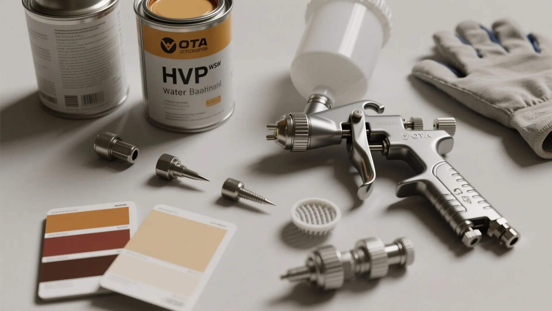 Metal spray paint gun set with paint cans color swatches and work gloves for home