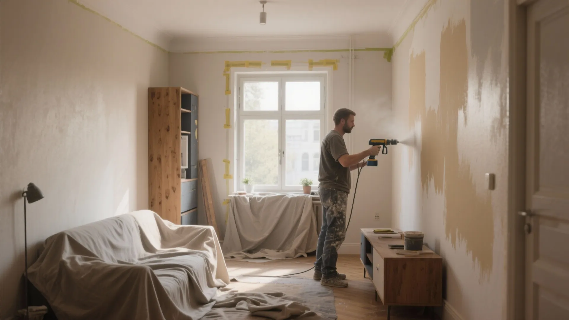 Man using handheld paint sprayer on living room wall with covered furniture and bright window